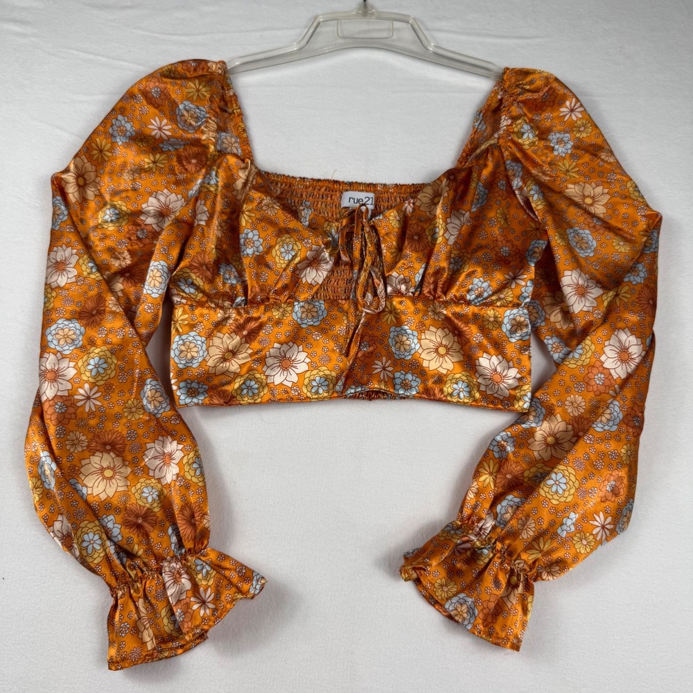 rue21 Floral Satin Crop Top Medium Orange Boho Cottagecore Puff Sleeve Tie Front